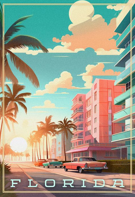 Florida Poster Vintage, Florida Travel Poster, Old Miami Aesthetic, Retro Florida Aesthetic, 80s Florida Aesthetic, 1980s Miami Aesthetic, South Beach Miami Aesthetic, Miami Graphic Design, Miami Vibes Aesthetic