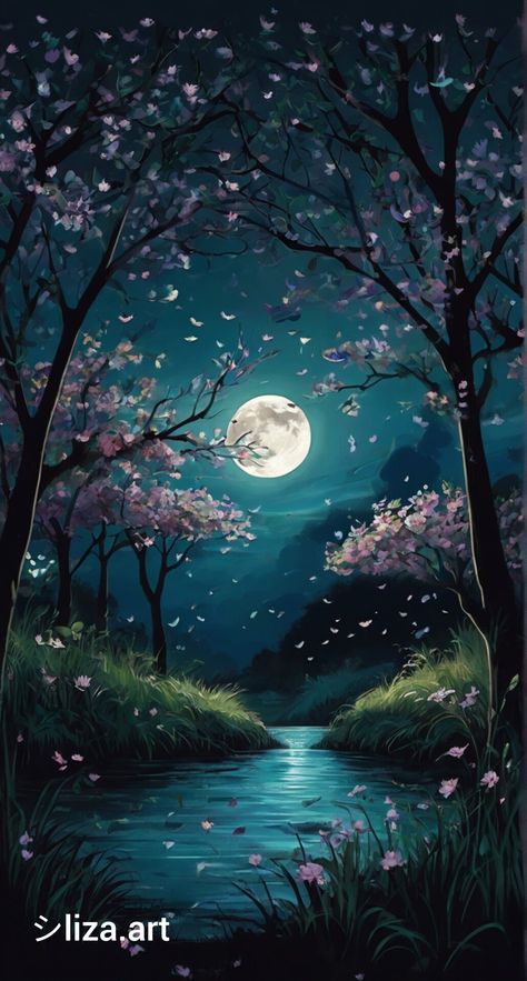 Moon Landscape Drawing, Night Painting Moonlight, Moon Night Painting, Painting Moonlight, Grass Drawing, Moon Landscape, Sparkle Wallpaper, Night Greetings, Crazy Wallpaper