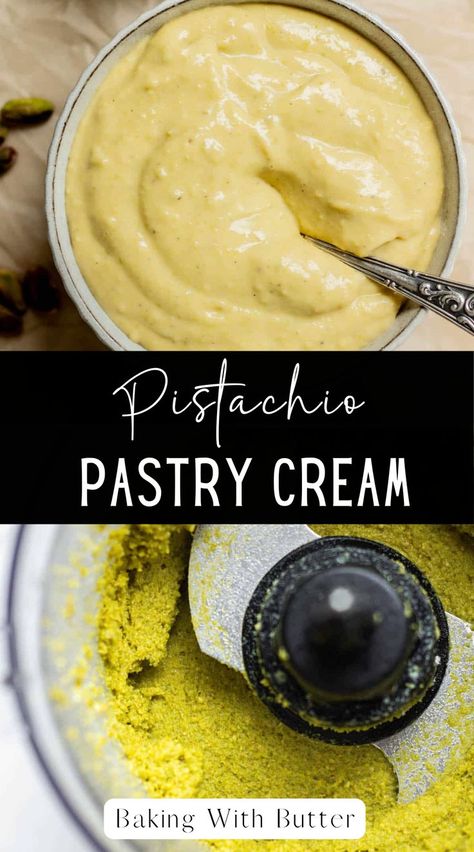 Homemade pistachio pastry cream is indulgent and delicious. It has a rich crème pâtissière base, mixed with homemade pistachio paste and a hint of almond extract. It’s perfect to fill choux pastry, doughnuts, trifles, tarts and more. Pistachio Paste Recipe, Pistachio Custard, Pistachio Pastry, Pistachio Paste, Pistachio Butter, Dessert Sauce, Trifle Dish, Pistachio Cream, Tart Baking