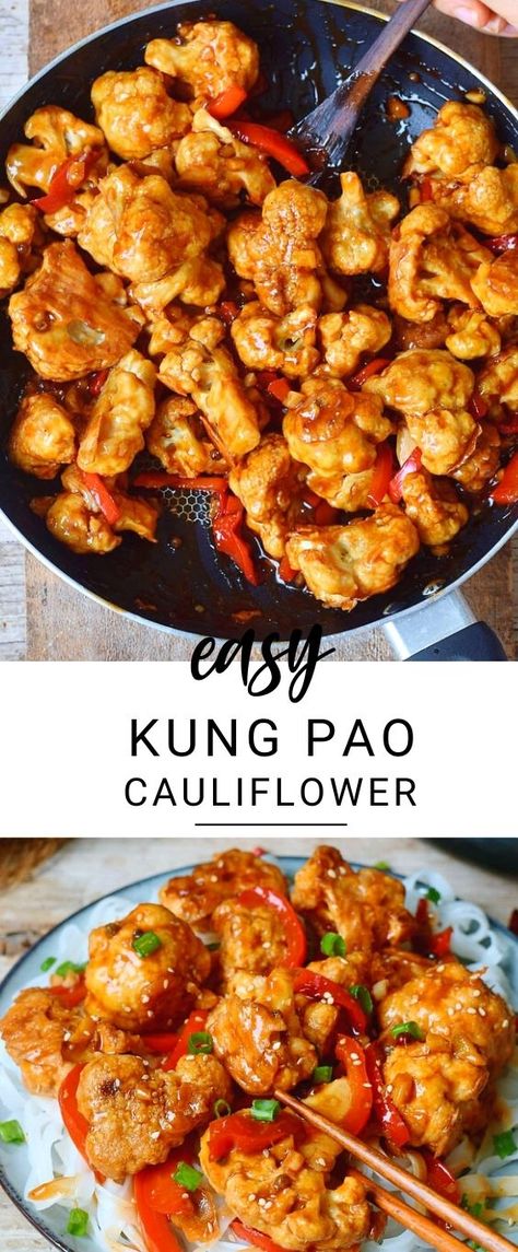 This Kung Pao Cauliflower is a delicious stir-fry which is spicy, hearty, satisfying, and comforting. It's a great meat-free Chinese takeout alternative to Kung Pao Chicken! The Kung Pao sauce has the perfect combination of spicy, salty and sweet flavors which will make your mouth water. The recipe is vegan, gluten-free, low in fat and calories, and can be made oil-free! #kungpao #kungpaocauliflower #veganstirfry #spicydinner #glutenfreevegan #elasrecipes | elavegan.com Vegan Chinese Food, Kung Pao Cauliflower, Cauliflower Vegan, Gluten Free Chinese, Chinese Dinner, Vegan Chinese, Mapo Tofu, Cauliflower Recipes, Vegan Dinner Recipes