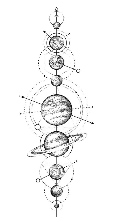 Planets Back Tattoo, Tattoos Men Leg, Planet Tattoo Design, Geometric Universe Tattoo, Planets Tattoo, Planet Tattoo, Astronomy Tattoo, Cosmic Tattoo, Solar System Tattoo