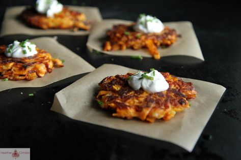 Sweet Potato Latkes - Heather Christo Sweet Potato Latkes, Sweet Potato Fritters, Potato Latkes, Potato Fritters, Potato Cakes, Sweet Potato Recipes, Pound Cake, Side Dish Recipes, Paleo Recipes