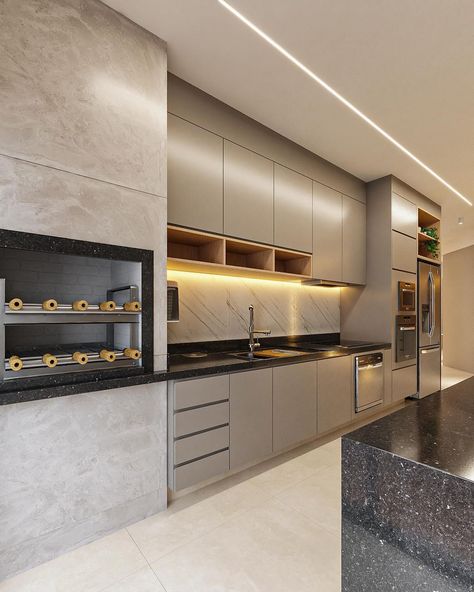 Vítor Silva • Arquitetura | cozinha l residência LE . cozinha gourmet que conta com churrasqueira, fogão de indução, lava louças e torre de fornos! O conceito do… | Instagram Area Gourmet, Home Theater Rooms, Theatre Room, Plan Design, Home Theater, Home Deco, Beautiful Homes, Beach House, Kitchen Design