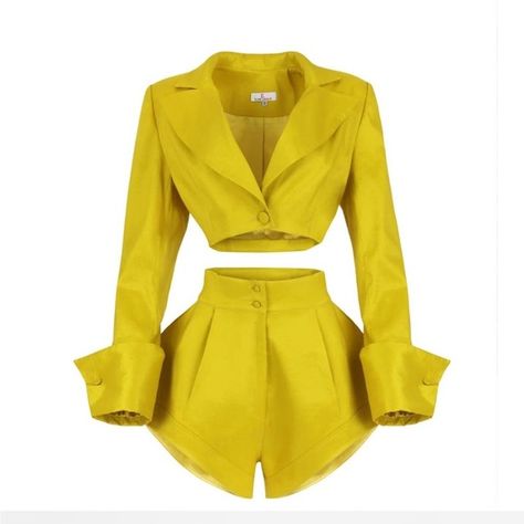 Yellow dressy short set Yellow Matching Colors Outfit, Dressy Brunch Outfit, Blazer Short Set, Yellow Outfits, Yellow Clothes, Cute Blazers, Yellow Tops, Dressy Shorts, Yellow Outfit