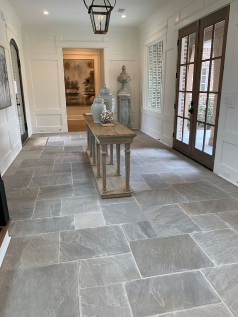 Mudroom Tile Floor Ideas Rustic, Honed Tile Floor, Stone Floor Sunroom, Stone Foyer Flooring, Light Slate Tile Floor, Tile Floor Ideas Entryway, Pavers Kitchen Floor, Flooring With Brick Walls, Rustic Tile Floor Living Room