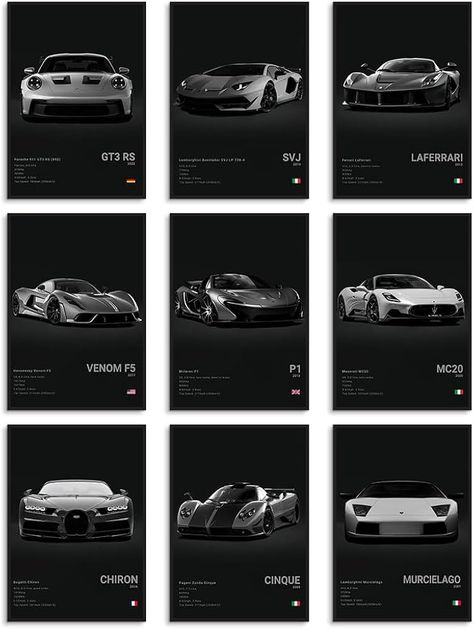 Amazon.com: InklingArt Super Car Poster Wall Art, Classics Supercar Print Set For Men Cave Boys Room Bedroom Home Decor, 911GT3 RS Cool Racing Ferrari Lamborghini McLaren Pagani Poster 9pac/Set 8x12in Unframed: Posters & Prints Car Lover Room Ideas, Car Wall Posters, Car Poster Prints, Car Posters Design, Car Posters For Room, 911gt3 Rs, Car Collage, Pagani Car, Lamborghini Mclaren