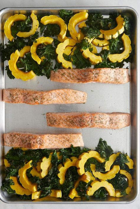 Salmon Delicata Squash, Salmon And Squash Recipes, Salmon And Kale Recipes, Salmon Squash, Dinner Salmon, Lemon Garlic Salmon, Easy Sheet Pan Dinners, Garlic Salmon, One Pan Dinner