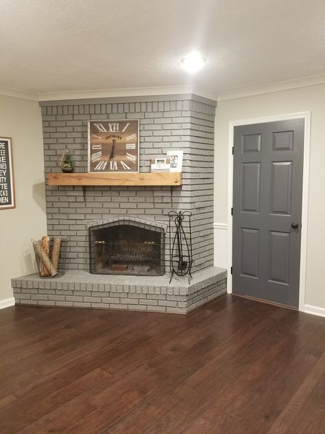 Brick Fireplace Colors Painted, Light Gray Brick Fireplace, Chelsea Gray Fireplace, Grey Painted Brick Fireplace, Grey Fireplace Brick, Light Gray Fireplace, Painted Brick Interior Wall, Grey Brick Fireplace, Gray Brick Fireplace