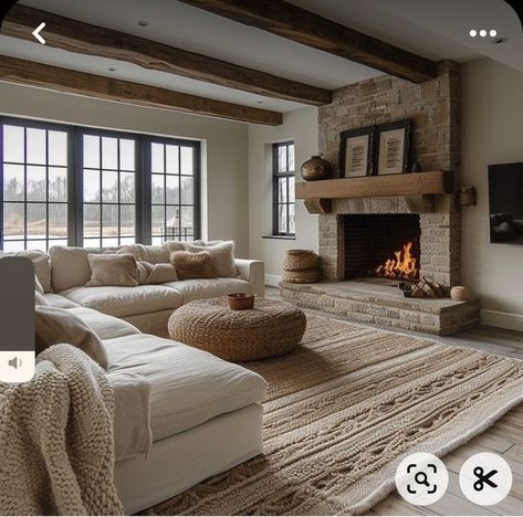 Living Room Sectional Fireplace, European Summer Decor, Spanish Mediterranean Interior Design, Earthy Organic Living Room, Dark Beams Living Room, Large Living Room Designs, Salon Farmhouse, Farm Living Room, Sunroom Makeover