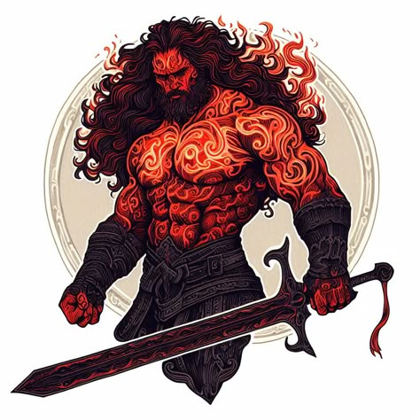 Gang Member Art, Path Of The Giant Barbarian, Primordial Elemental, Dnd Fire Genasi Male, Fire Barbarian, Fire Genasi Barbarian, Barbarian Character Art, Fire Genasi Male, Genasi Barbarian