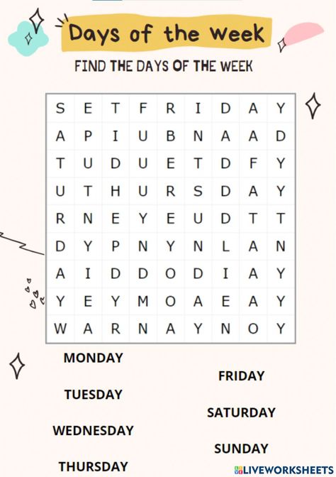 Days Of The Week Word Search, English Excercise, Days Of The Week Worksheet, Teaching Calendar, Teach English To Kids, Reading Comprehension Kindergarten, English Activities For Kids, First Grade Worksheets, Learning English For Kids