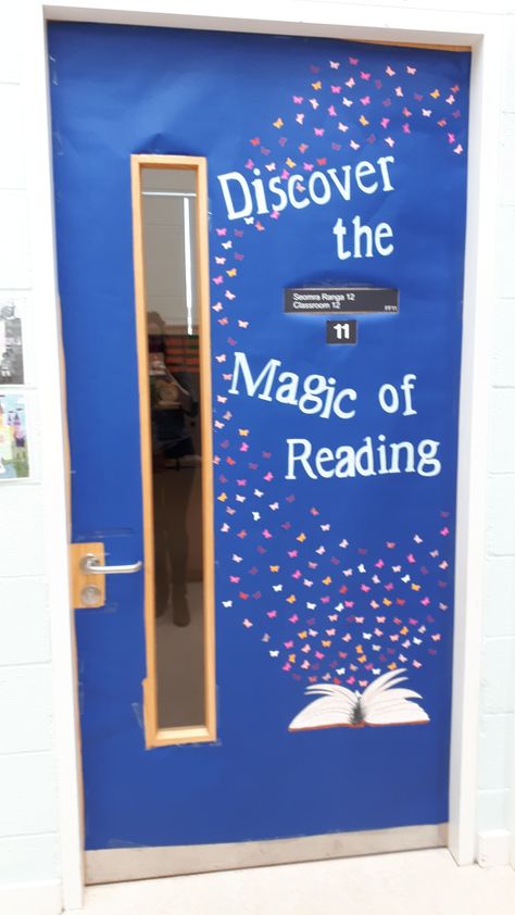 Discover the magic of reading classroom door Library Room Door Ideas, Magic Themed Classroom Door, School Library Door Ideas, English Classroom Door Ideas, Magic Themed Bulletin Boards, Reading Door Decorations, Book Classroom Door Ideas, Reading Is Magical Bulletin Board, Read A Thon Door Decorations