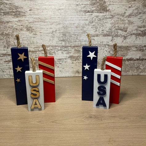 Wooden Firecrackers, Americana Crafts, 4th July Crafts, 4th Of July Decor, Wood Block Crafts, Tier Tray Decor, Fourth Of July Decor, July Decor, Patriotic Decor