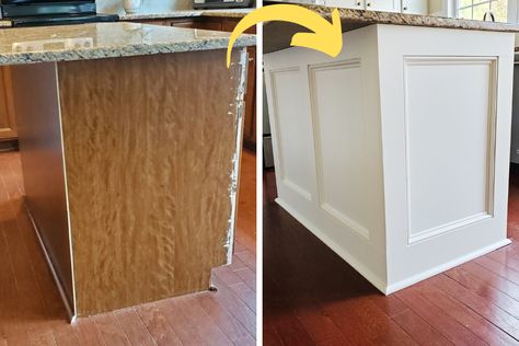 How I easily upgraded my builder-grade kitchen island to look high-end and custom. Here are the simple steps to DIY update your kitchen island. Kitchen Island Upgrade Ideas Diy, How To Redo Kitchen Island, Back Side Of Island Ideas, Updating Builder Grade Cabinets, Board And Batten Cabinets, Update Kitchen Island Ideas, Kitchen Cabinet Ends Ideas, Updating Island Kitchen, End Of Cabinet Trim