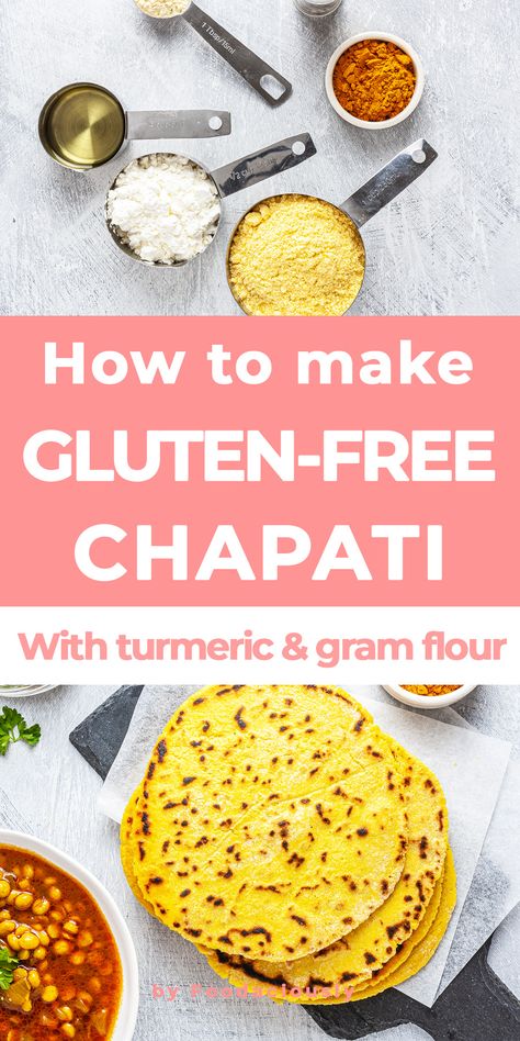 Easy and healthy, this gluten-free chapati recipe is made with cornmeal, gram flour, arrowroot, and turmeric, and it's perfect with curries and chutney. gluten-free chapati,healthy chapati,chapati without wheat flour,chapati with gram flour,easy gluten-free roti,flourless roti recipe #vegan #govegan #dairyfree #glutenfree #recipe #cooking #food Chapati Gluten Free, Gluten Free Chapati Recipe, Indian Accompaniments, Gluten Free Recipes Indian, Gram Flour Recipes, Nibbles Recipes, Gluten Free Indian Food, Gluten Free Roti, Chapati Recipe