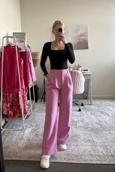 In need of a Valentine's Day date night outfit for dinner!? Here's a cute and casual date night look that we're loving! These pink trousers are my favorite! They fit true to size I'm in a 24 regular. I paired these Abercrombie pink pants with a black squareneck bodysuit and added some chunky white sneakers. I'll include some more date night outfits in my LTK, if you need more inspo! Pink Trousers Outfit Casual, Trousers Outfit Night Out, Trousers With Sneakers, Pink Trousers Outfit, Outfit For Dinner, Sloane Tailored Pant, Chunky White Sneakers, Outfits Night Out, Trouser Outfit