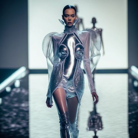 Technology Inspired Fashion, Futuristic Runway Fashion, Futurism Outfit, Technology Outfit, Futuristic Aesthetic Future Fashion, Space Fashion Futuristic, Dystopia Outfit, Scifi Costume, Futuristic Fashion Women