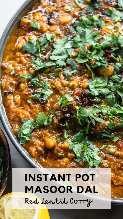 An easy and delicious dish that's also budget-friendly: Instant Pot Masoor Dal. Also known as Red Lentil Curry -- it's so fast to make in the Instant Pot! Instead of 30 minutes of cooking on the stovetop, the Instant Pot only takes 8 minutes! Add a Tadka or Tempered Oil to flavor the cooked red lentils. Enjoy with basmati rice or naan for the ultimate bowl of comfort! Red Lentils Instant Pot, Instant Pot Red Lentils, Instant Pot Daal, Instant Pot Lentils, Instant Pot Dal, Lentils Instant Pot, Red Lentil Curry, Indian Lentils, Red Lentils