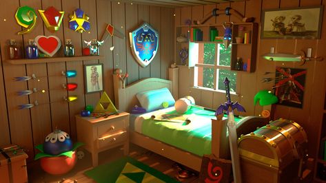 Zelda Boys Bedroom, Legend Of Zelda Themed Room, Zelda Room Aesthetic, Zelda Themed Bedroom, Zelda Inspired Room, Legend Of Zelda Room Decor, Legend Of Zelda Bedroom, Zelda Room Ideas, Zelda Themed Room