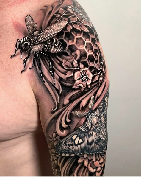 Bee Sleeve Tattoo, Bee Hive Tattoo, Ryan Ashley Tattoo, Hive Tattoo, Ryan Ashley Malarkey, Honey Bee Tattoo, Honeycomb Tattoo, Ryan Ashley, Taboo Tattoo