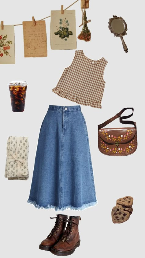 #outfit #vintage #vintageaesthetic #ootd Cute Outfit Hot Weather, 90s Outfit Polyvore, Vintage Thrift Outfit Aesthetic, Vintage Artsy Aesthetic Outfits, Modern 90s Outfits, Vintage Outfits 90s Retro Skirt, Spring Cottagecore Outfits, Vintage Artsy Outfit, Modern Cottagecore Outfit