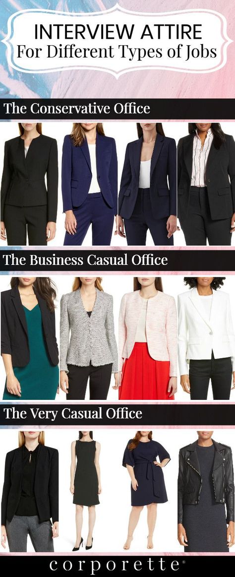 Wondering what the best interview attire is? It depends on the job you're interviewing for -- and the type of office it is. If you're a creative personality in a creative role, go with what you want -- but for everyone else looking for guidance on what to wear for an interview for a conservative office, interview attire for a business casual office, or even how to interview at a Very Casual office, these are some of our best tips on interview attire for different types of jobs. (Pro tip, though, Engineer Office Outfit, Career Guidance Outfit Ideas, What To Wear For An Interview For Women Office Style, Dress For Success Women Business, Law Office Attire, Outfits For An Interview Woman, Outfits For Interviews Professional, Business Professional Interview Outfit, Visa Interview Outfit Women