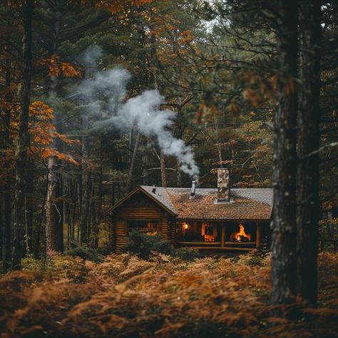 Cozy cabin in the fall forest with smoke coming out of the chimney, surrounded by colorful trees and fallen leaves Witchy Cabin In The Woods, Rustic Cabin Aesthetic, House In The Woods Aesthetic, Forest Cabin Aesthetic, Cabin Aesthetic Interiors, Home In Mountains, Cottage In Forest, Cabin In The Woods Aesthetic, Spring Cabin