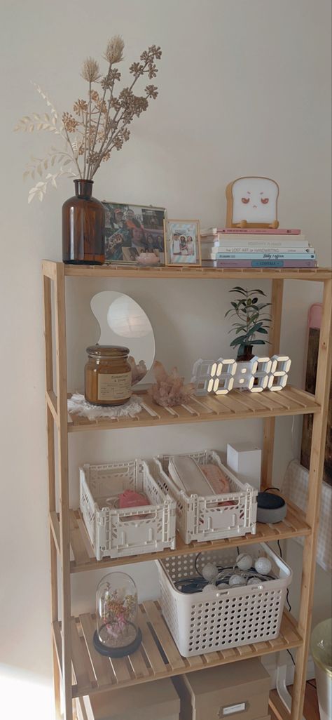 Bedroom Shelf Unit, Shelving Ideas Bedroom Small Rooms, Shelf Styling Bedroom Aesthetic, Cute Bedroom Shelf Decor, Bookshelf Bedroom Ideas Small Spaces, Shelf Decor Bedroom Aesthetic Wall Shelves, Shelving Inspo Bedroom, Aesthetic Wooden Room Decor, Big Shelf Decor Bedroom Ideas