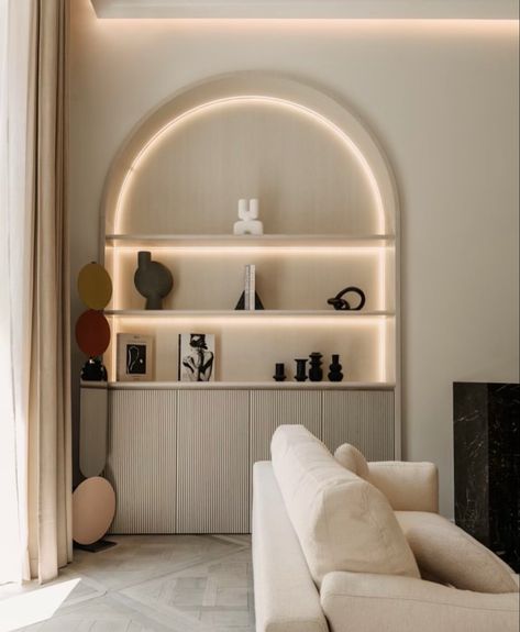 Arched Cabinets Living Room, Living Room Wall Niche, Modern Lobby, Small Basement Ideas, Lighting Living Room, Kedokteran Gigi, Hall Cabinet, Golden Fleece, Small Basement