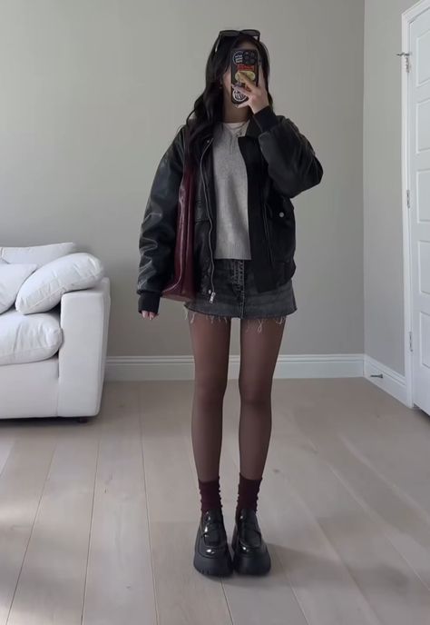 No Lace Doc Martens Outfit, Combat Boot And Skirt Outfit, Winter Outfits Birthday Dinner, Light Grey Mini Skirt Outfit, Casual Skirt And Boots Outfit, Skirt Stockings Boots Outfit, High Heel Doc Martens Outfit, Fall Outfits Miniskirt, Mid High Boots Outfit