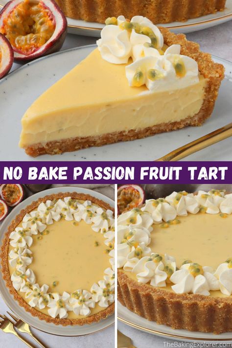 Recipe for a No Bake Passion Fruit Tart with a buttery biscuit base and a creamy filling with lots of passion fruit zing! #thebakingexplorer #passionfruit #sweettart #nobakedessert #summerdessert Passion Fruit Tart, Fruit Tart Filling, Bakewell Tart Recipe, Shortcrust Pastry Recipes, Passion Fruit Curd, Passionfruit Recipes, Lime Tart, Passion Fruit Juice, Tart Filling