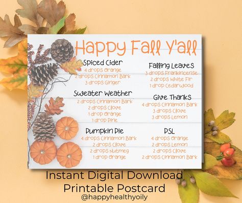 Essential Oil Diffuser Blend Postcard for Fall Essential Oil Mail https://etsy.me/3RU5JX4 #falldiffuserblends #fallpostcard #essentailoil #diffuserpostcard #youngliving #essentialoils #essentialoilmail #essentialoilpostcard #fallscents Diffuser Fall Blends, Yl Fall Diffuser Blends, Doterra Adaptiv Roller Blend, Fall Essential Oil Room Spray Blends, Fall Essential Oils Blends, Doterra Autumn Diffuser Blends, Essential Oils For Fall Smells, Essential Oil Blends For Skin Care, Fall Oils Diffuser Blends