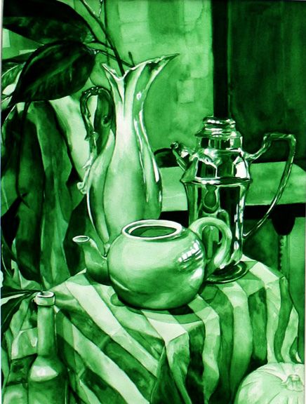 Brittany Cartie Stripes and Ceramic Watercolor  18" x 24" The artist painted a… Tonal Painting, Green Monochromatic, Value Painting, Monochromatic Painting, Viridian Green, Monochrome Painting, Monochromatic Art, Watercolor Stripes, Ap Studio Art