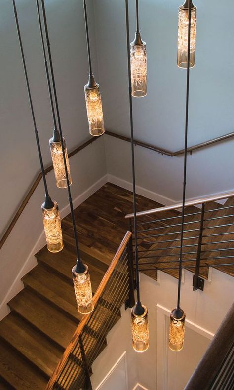 Hanging Lights Ideas, Stairwell Light Fixture, Industrial Staircase, Art Glass Lighting, Interior Light Fixtures, Stairwell Lighting, Lights Ideas, Industrial Style Decor, Entryway Lighting