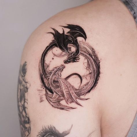 Dragon Pisces Tattoo, Woman And Dragon Tattoo, Stomach Dragon Tattoo For Women, Elemental Dragon Tattoo, Cool Fantasy Tattoos, Flowy Dragon Tattoo, Dragon Hoard Tattoo, Hydra Dragon Tattoo, Midevil Dragon Tattoos