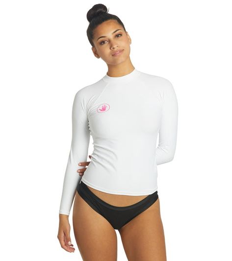 Designed to fit your curves, the Women’s Body Glove Basic Long Sleeve Rash Guard is silky soft for all day comfort. This long sleeve rashguard provides UV protection while also protecting your skin from the aquatic environment. With flatlock stitching, you won’t even notice the seams as you enjoy the day’s activities. Whether you’re hanging ten or frolicking in the pool with the kids, this rash guard has you covered. And that high neckline? It keeps the back of your neck from burning while you’re having fun. Features Logo graphic at front, back and sleeve Long sleeve High, crew neckline Flatlock stitching Details Fabric: 85% Polyester, 15% Spandex Care: Hand wash Sun Protection: UPF 50+ Country of Origin: Imported Yacht Uniform, Aquatic Environment, S Activities, Enjoy The Day, Long Sleeve Rashguard, Rash Guard Women, Hang Ten, Stitching Details, Swim Shirts