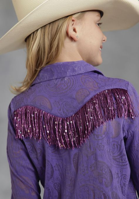 Roper® Girls Purple Sequin Accents LS Chain Fringe Western Shirt Fringe Western Shirt, Diy Western Shirt, Western Shirts Women, Fringe Shirt Outfit, Galaxy Creature, Girls Western Shirts, Cowboy Shirts For Men, Jean Jacket Design, Western Show Clothes