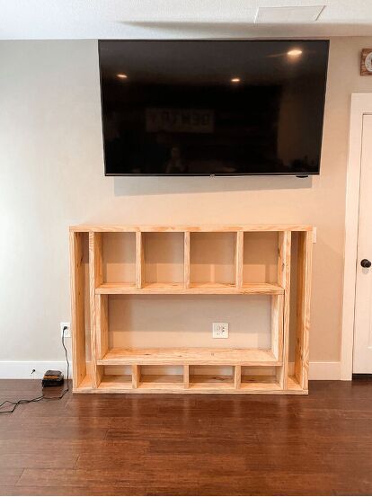 Diy Mantle Tv Stand, Entertainment Center With Mantle, Simple Fireplace Wall Ideas, Diy Fireplace Half Wall, How To Build Frame For Electric Fireplace, Diy Cord Hiding Ideas, Diy Fireplace Media Console, Electric Fireplace Diy Ideas, Easy Diy Electric Fireplace