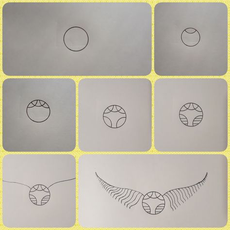 How to draw harry potter's golden snitch How To Draw Hedwig, Harry Potter Golden Snitch Drawing, Harry Potter How To Draw, Hp Drawings Easy, How To Draw Harry Potter Stuff, Harry Potter Drawing Ideas Sketches Easy, Snitch Harry Potter Drawing, Cute Harry Potter Doodles, How To Draw Hogwarts