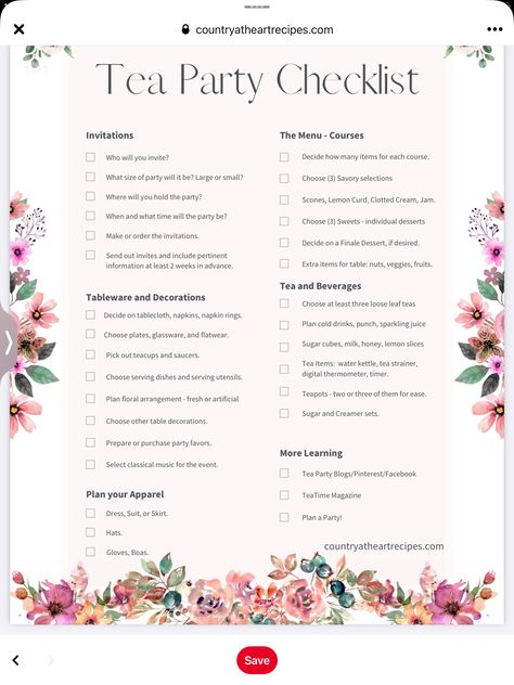 Tea Party Main Course, Tea Party Checklist, High Tea Decorations, Sweet 16 Tea Party, Party Main Course, High Tea Baby Shower, High Tea Menu, Diy Tea Party, Tea Party Sandwiches