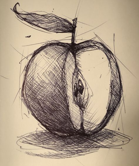 Stilllife Pencil Shading, Hatching Shading Pencil Drawings, Apple Shaded Drawing, Simple Scribble Art, Simple Hatching Drawing, Apple Ink Drawing, Rough Sketches Simple, Hatching And Cross Hatching Drawings, Rough Drawing Sketches