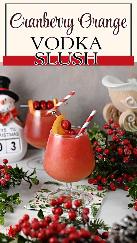 Cranberry Orange Vodka Slush! Vibrant, zesty, and oh-so-easy to make. Your taste buds are in for a delightful treat. Frozen Cranberry Orange Vodka Slush, Cranberry Vodka Slush Recipe, Christmas Cranberry Vodka Slush, Slushy Alcohol Drinks Christmas, Frozen Vodka Slush, Thanksgiving Slush Drink, Cranberry Christmas Drinks Holiday Cocktails, Cranberry Vodka Slush, Sparkling Cranberry Vodka Punch