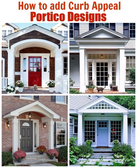 Which one should we choose? How to add curb appeal with a portico. A family of four generations living under one roof expands their home and adds a new portico to the front of their home to create architectural interest and character. Must see existing home with tiny portico - yikes! Portico Ideas, Curb Appeal Porch, Front Portico, Front Porch Addition, Door Overhang, Portico Design, Add Curb Appeal, Architecture Renovation, Porch Addition