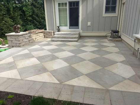 Pavers Entryway Entrance, Black And White Checkered Patio, Checkerboard Patio Pavers, Checkerboard Walkway, Checkered Concrete Patio, Checkered Patio Pavers, Checkered Paver Patio, Checkered Pavers, Square Paver Patio