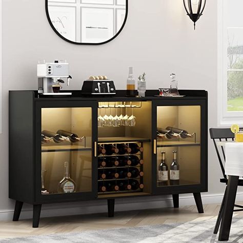 This bar cabinet offers abundant storage space, including wine racks, glass shelves, storage shelves, and cabinets, to keep your bar accessories organized and easily accessible. This item has two beautiful Acrylic doors for displaying champagne, whiskey, and sober utensils, a 22-bottle wine rack, four open shelves, and a spacious surface (47.24"D x 35.4" W x 15.7"H) for preparing food more conveniently. #modern #home #decor #wine #beer #alcohol #cooler #winerack #winecabinet #barcart #ad Liquor Cabinet Bar, Armoire Entree, Coffee Cabinet, Dining Room And Living Room, Wine Bar Cabinet, Kitchen Buffet, Led Light Design, Home Coffee Bar, Wine Glass Rack