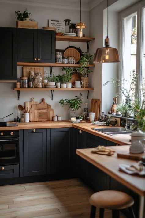 Remodel your kitchen with these ideas for new kitchen cabinets. Small Kitchen Dark Cabinets, Dark Cabinet Kitchens, Kitchens With No Upper Cabinets Ideas, Dark Cabinet Kitchen, Kitchens With No Upper Cabinets, Black Farmhouse Kitchen, No Upper Cabinets, Tahoe House, Kitchen Design Black