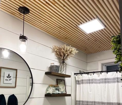 15 Showstopping Ideas That'll Make Guests Gather in Your Bathroom | Hometalk Slat Bathroom, Slat Ceiling, Wood Slat Ceiling, Accent Ceiling, Full Bathroom Remodel, Ceiling Treatments, Bathroom Ceiling, Floor Ceiling, Wood Ceilings