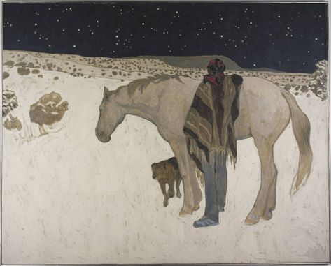 Susan Lautmann Hertel - Horses Middle panel of a triptych, a person leans on a horse in a desert landscape at night. A dog stands near the horse's feet. Dog Landscape Painting, Riding Horse Reference, Horse Riding Painting, Horse Oc, Horse Landscape, Folk Art Horse, Landscape At Night, Claremont Colleges, Herd Of Horses