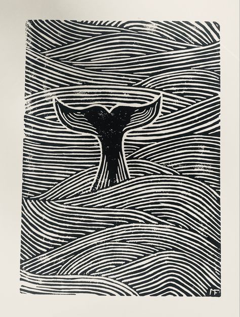 Whale Block Print, Water Drawing Black And White, Printmaking Ideas Design, Whale Lino Print, Sea Lino Print, Abstract Cat Drawing, Linocut Art Ideas Easy, Linocut Pattern Ideas, Lino Print Pattern Ideas