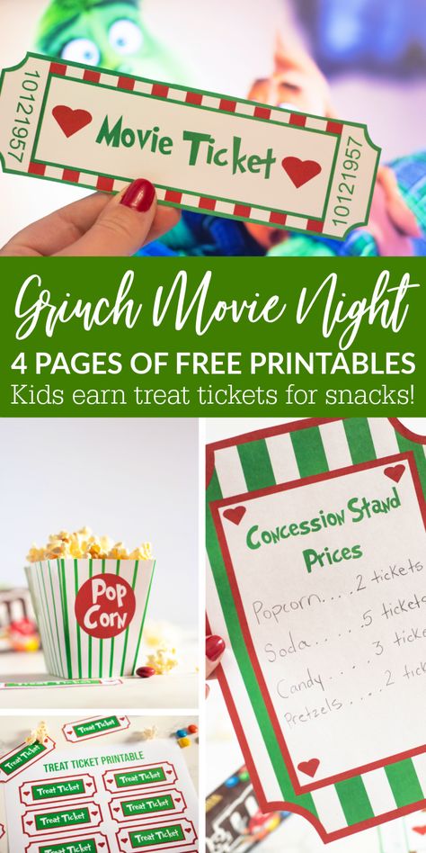 Snag these free Grinch movie night printables to make a movie night at home a blast. The Grinch theme that will make you feel like you are at the movies. #passion4savings #grinch #movie #movienight #Printable #concessionstands #movietickets #free #fun #family #christmas Christmas Movie Night Dinner, The Grinch Movie Night, Movie Night Dinner Ideas, Grinch Movie Night, Movie Night Printables, Festive Snacks, Reward Tickets, Grinch Movie, Movie Night At Home